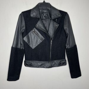 SLATE & WILLOW Leather Jacket Womens XS Black Mixed Media Moto Full Zip Wool